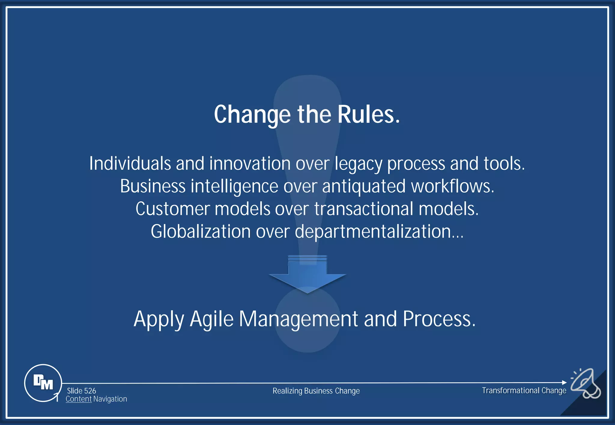 Slide 526
1 Content Navigation
Change the Rules.
Individuals and innovation over legacy process and tools.
Business intelligence over antiquated workflows.
Customer models over transactional models.
Globalization over departmentalization…
.
Apply Agile Management and Process.
Transformational Change
Realizing Business Change
 