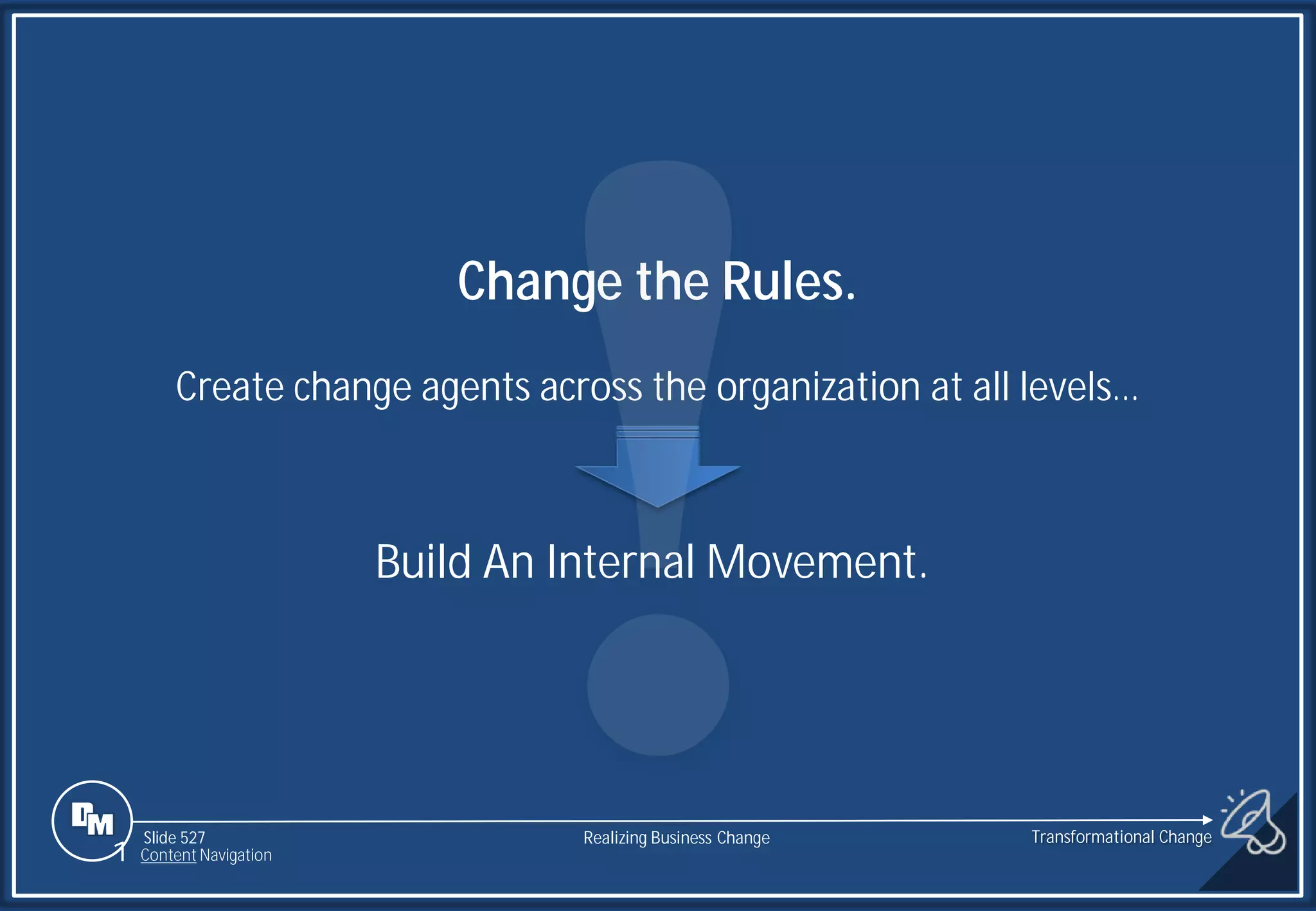 Slide 527
1 Content Navigation
Change the Rules.
Create change agents across the organization at all levels…
Build An Internal Movement.
Transformational Change
Realizing Business Change
 