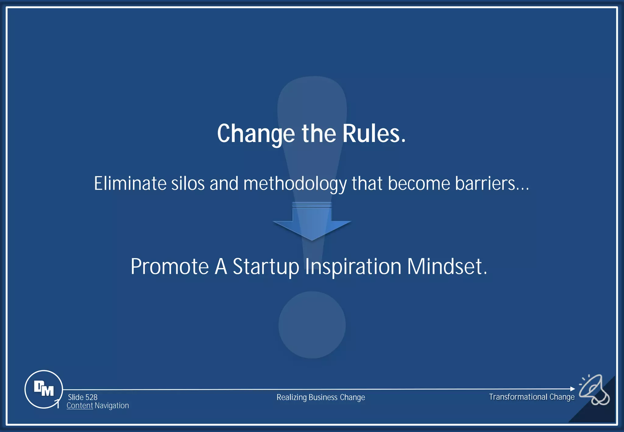 Slide 528
1 Content Navigation
Change the Rules.
Eliminate silos and methodology that become barriers...
Promote A Startup Inspiration Mindset.
Transformational Change
Realizing Business Change
 