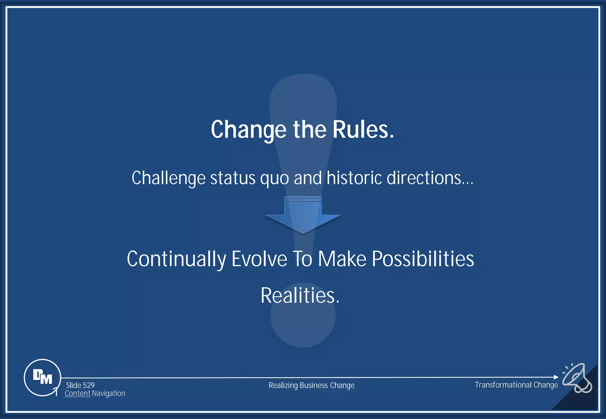 Slide 529
1 Content Navigation
Change the Rules.
Challenge status quo and historic directions…
Continually Evolve To Make Possibilities
Realities.
Transformational Change
Realizing Business Change
 