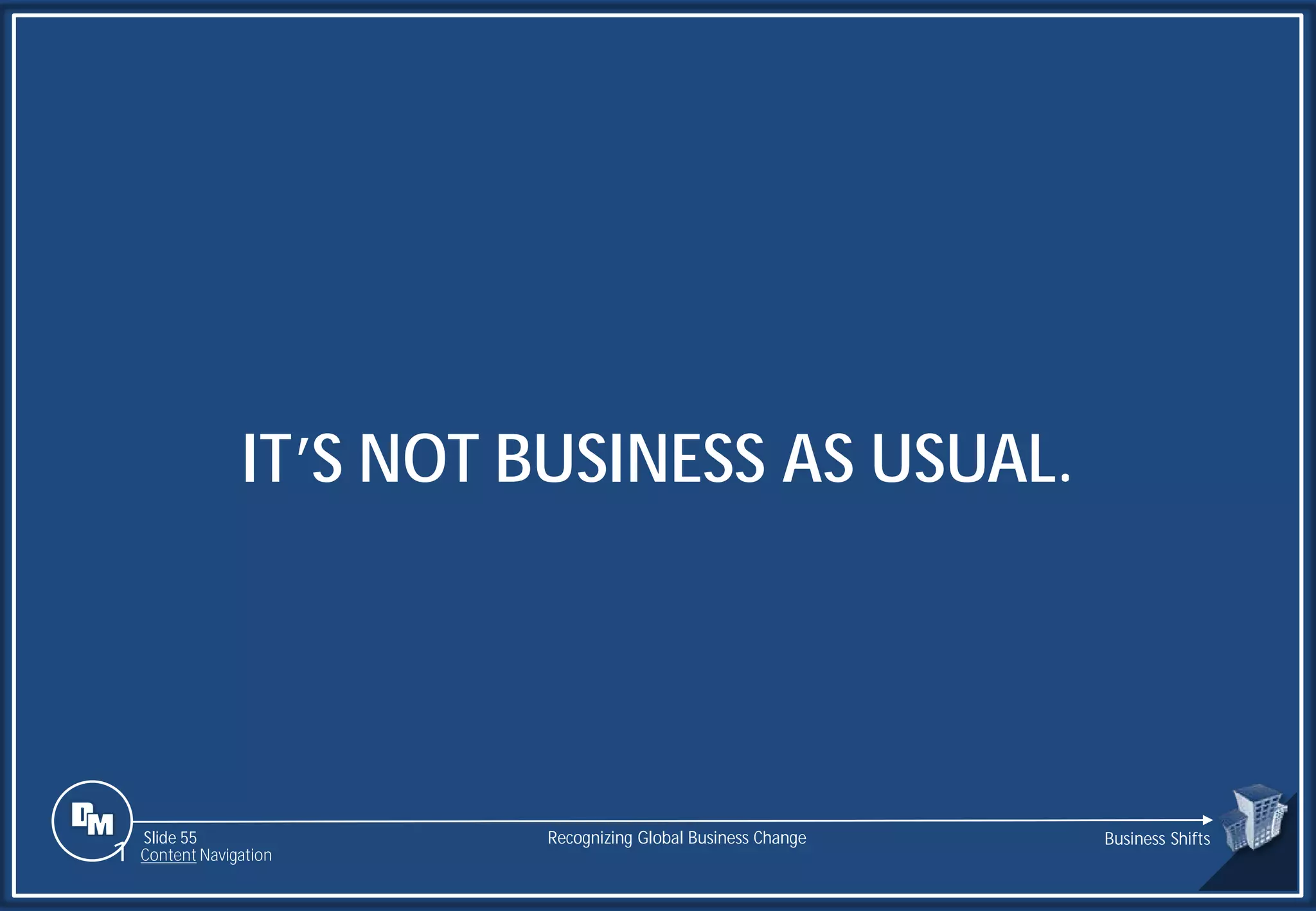 Slide 55
IT’S NOT BUSINESS AS USUAL.
Recognizing Global Business Change Business Shifts
1 Content Navigation
 