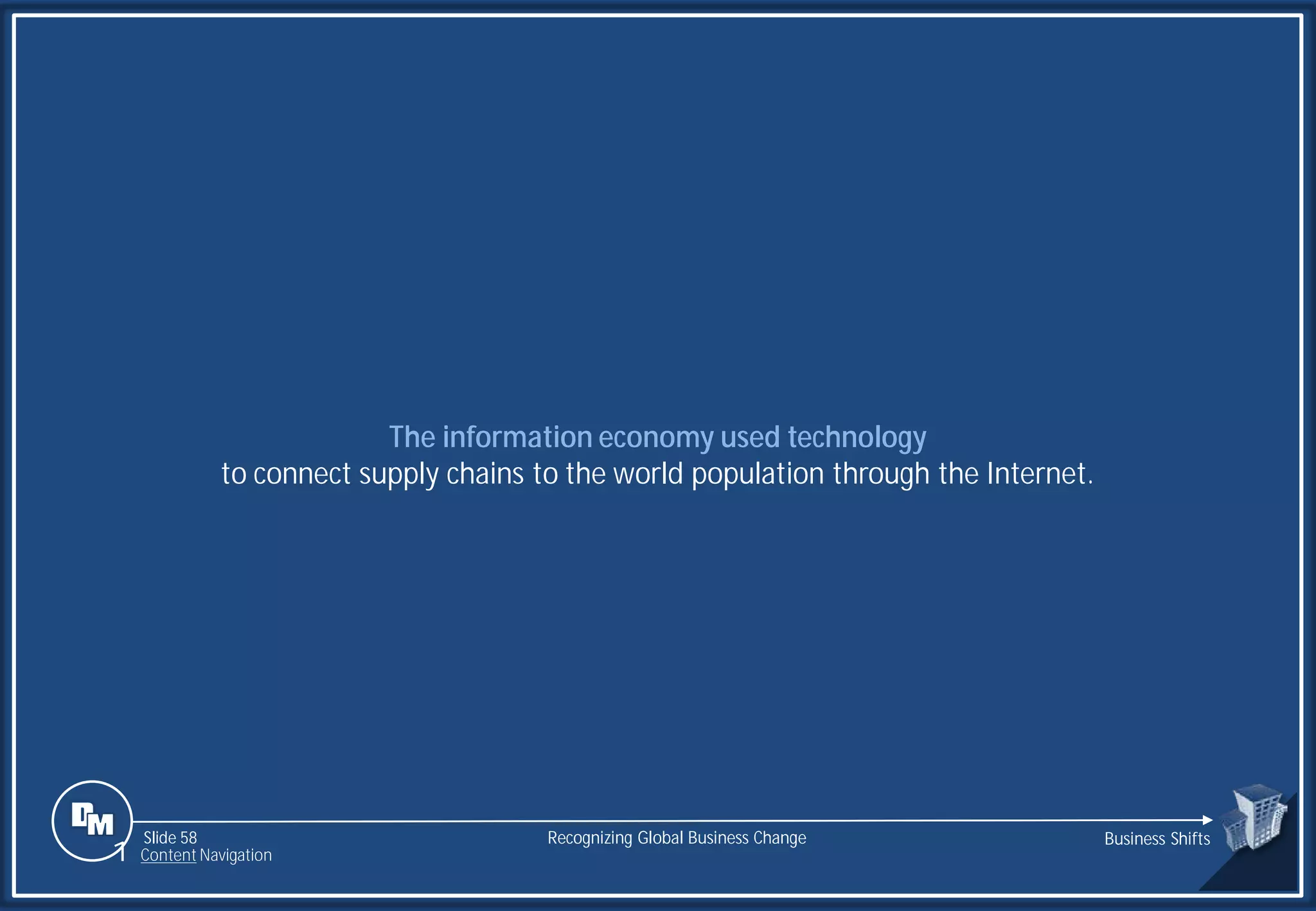 Slide 58
The information economy used technology
to connect supply chains to the world population through the Internet.
Recognizing Global Business Change Business Shifts
1 Content Navigation
 
