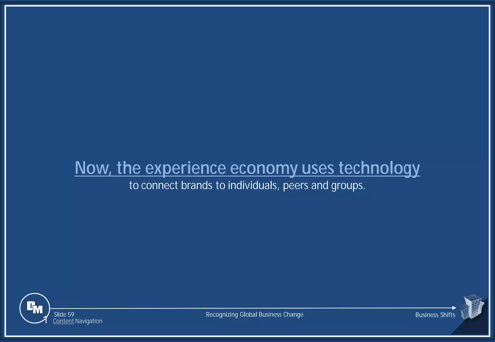 Slide 59
Now, the experience economy uses technology
to connect brands to individuals, peers and groups.
Recognizing Global Business Change Business Shifts
1 Content Navigation
 