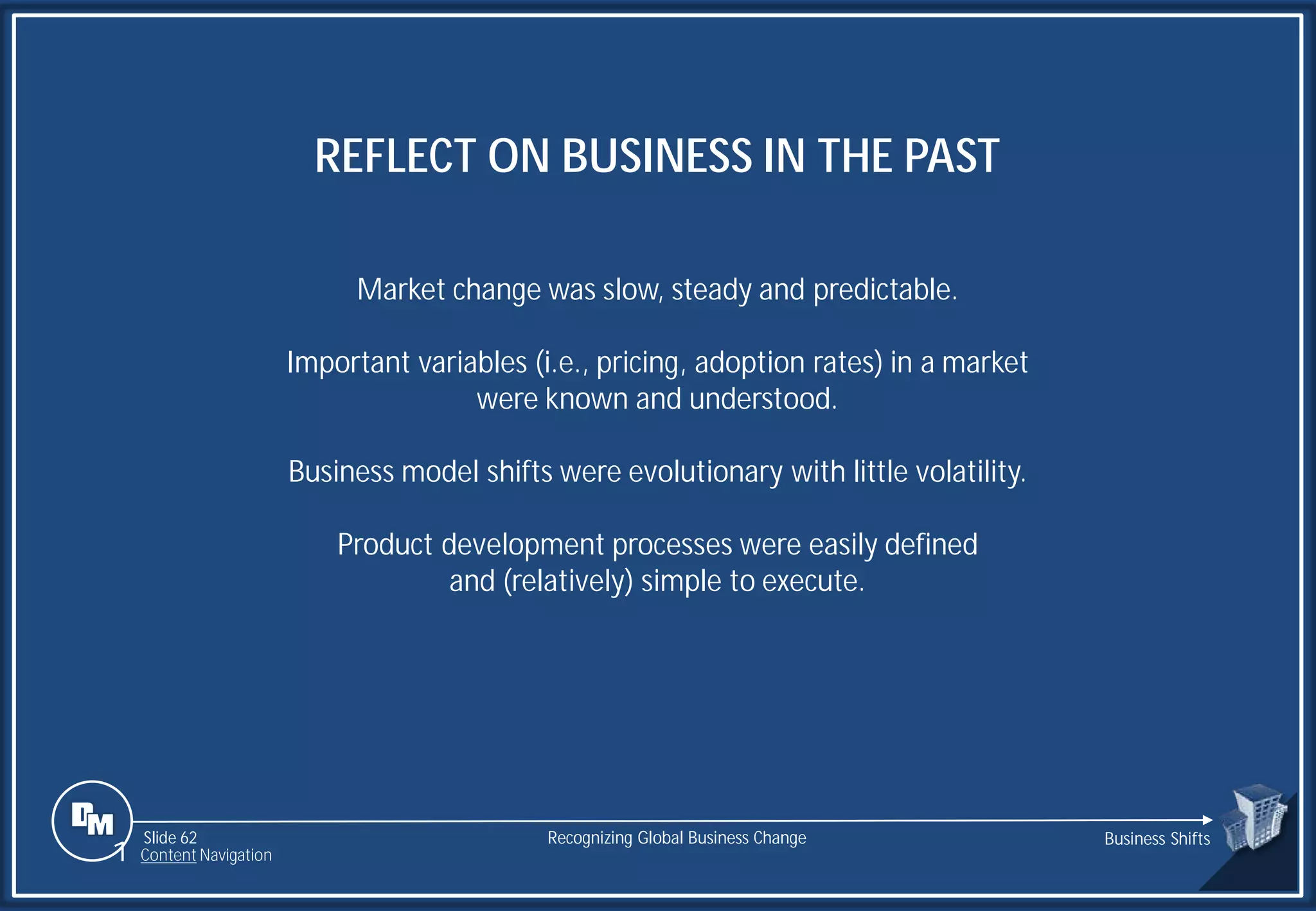 Slide 62
REFLECT ON BUSINESS IN THE PAST
Market change was slow, steady and predictable.
Important variables (i.e., pricing, adoption rates) in a market
were known and understood.
Business model shifts were evolutionary with little volatility.
Product development processes were easily defined
and (relatively) simple to execute.
Recognizing Global Business Change Business Shifts
1 Content Navigation
 