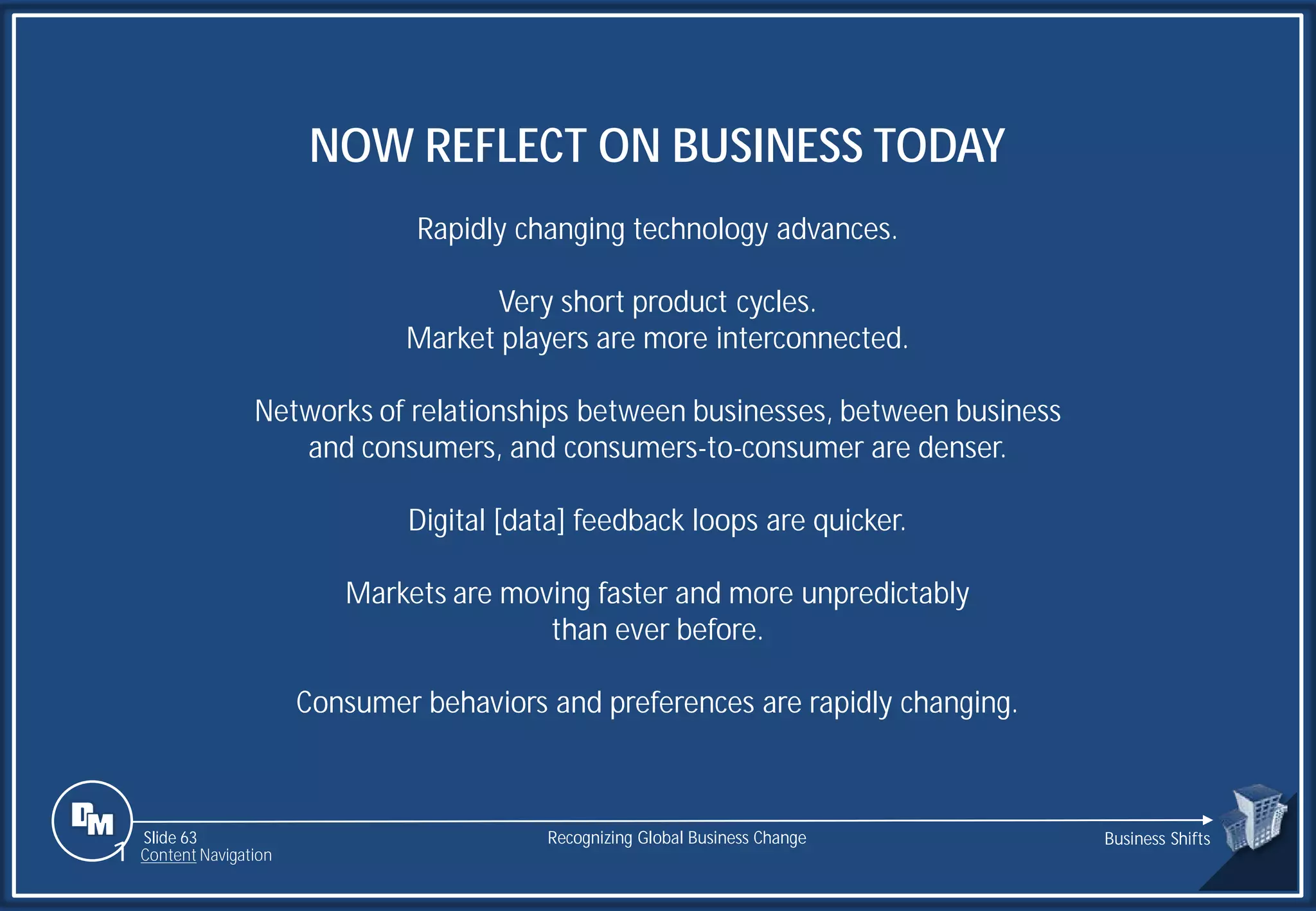 Slide 63
NOW REFLECT ON BUSINESS TODAY
Rapidly changing technology advances.
Very short product cycles.
Market players are more interconnected.
Networks of relationships between businesses, between business
and consumers, and consumers-to-consumer are denser.
Digital [data] feedback loops are quicker.
Markets are moving faster and more unpredictably
than ever before.
Consumer behaviors and preferences are rapidly changing.
Recognizing Global Business Change Business Shifts
1 Content Navigation
 