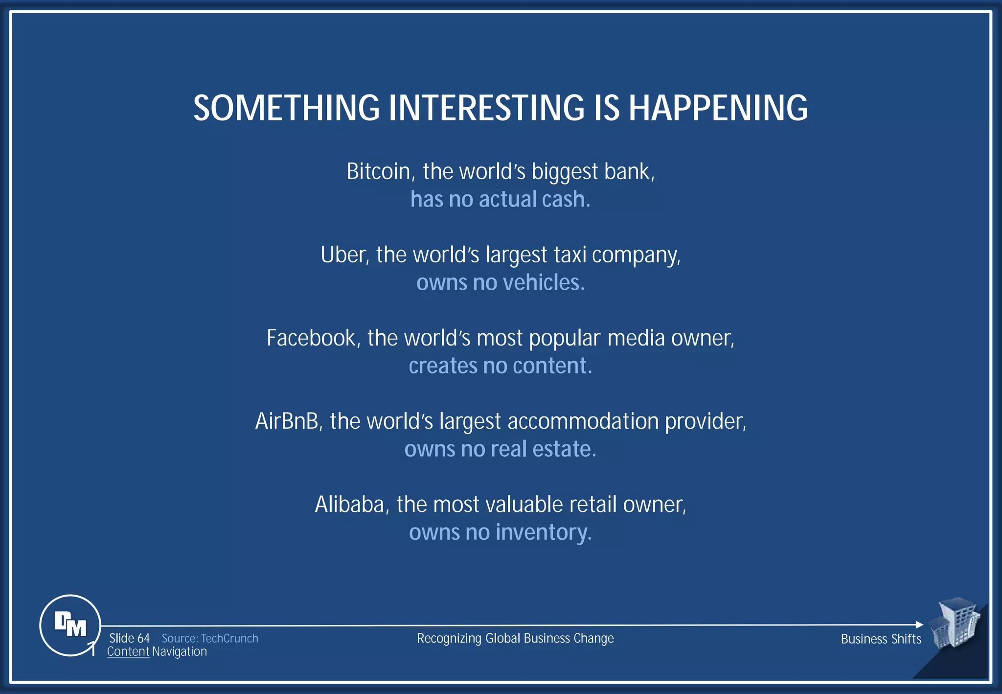 Slide 64
SOMETHING INTERESTING IS HAPPENING
Bitcoin, the world’s biggest bank,
has no actual cash.
Uber, the world’s largest taxi company,
owns no vehicles.
Facebook, the world’s most popular media owner,
creates no content.
AirBnB, the world’s largest accommodation provider,
owns no real estate.
Alibaba, the most valuable retail owner,
owns no inventory.
Source: TechCrunch Recognizing Global Business Change Business Shifts
1 Content Navigation
 