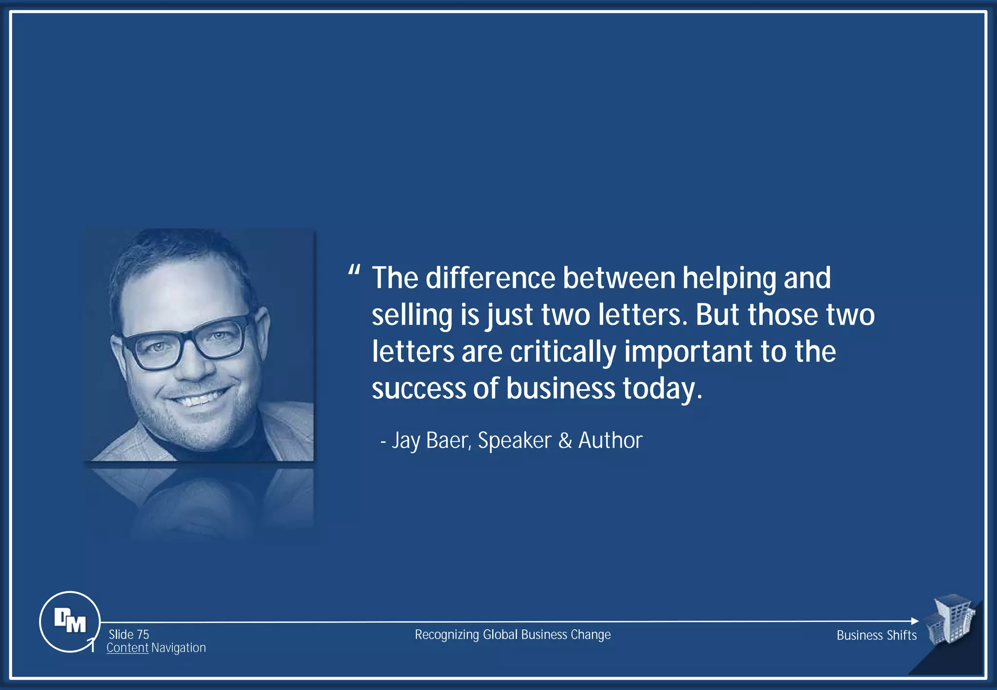 Slide 75
The difference between helping and
selling is just two letters. But those two
letters are critically important to the
success of business today.
“
- Jay Baer, Speaker & Author
Recognizing Global Business Change Business Shifts
1 Content Navigation
 