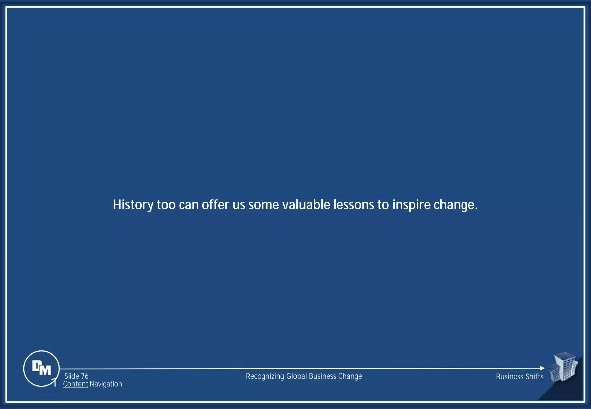 Slide 76
History too can offer us some valuable lessons to inspire change.
Recognizing Global Business Change Business Shifts
1 Content Navigation
 