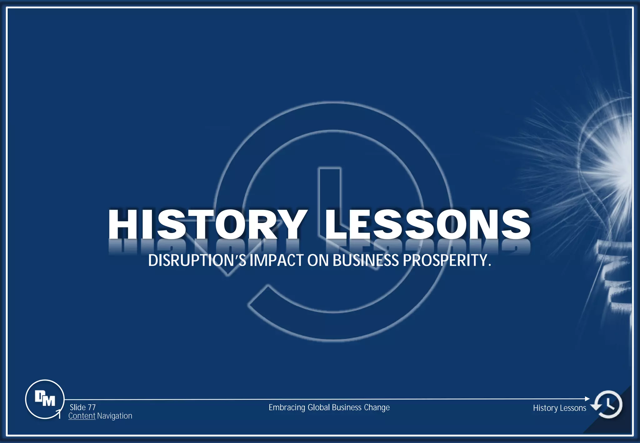 Slide 77
DISRUPTION’S IMPACT ON BUSINESS PROSPERITY.
HISTORY LESSONS
History Lessons
Embracing Global Business Change
1 Content Navigation
 