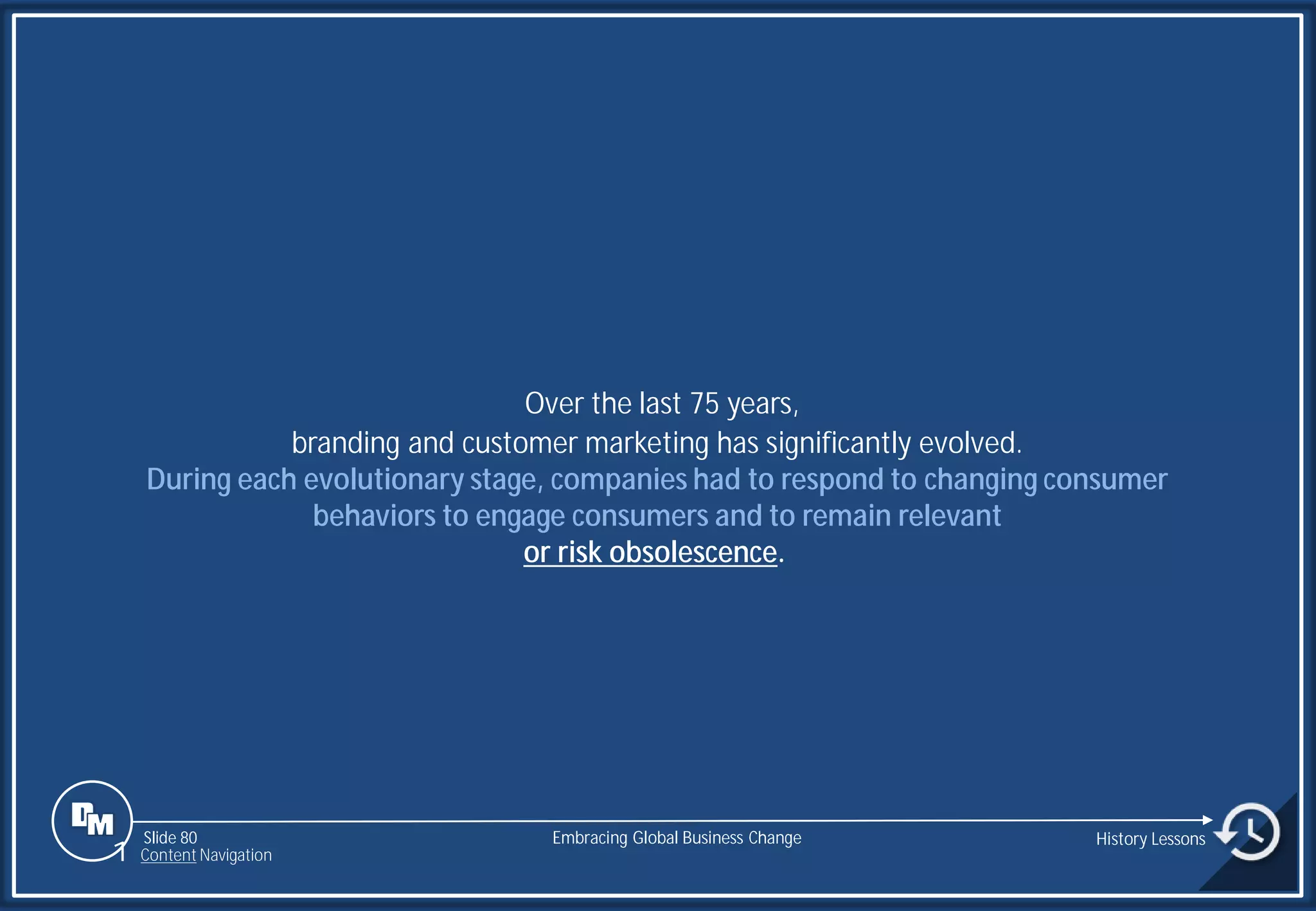 Slide 80
Over the last 75 years,
branding and customer marketing has significantly evolved.
During each evolutionary stage, companies had to respond to changing consumer
behaviors to engage consumers and to remain relevant
or risk obsolescence.
Embracing Global Business Change History Lessons
1 Content Navigation
 
