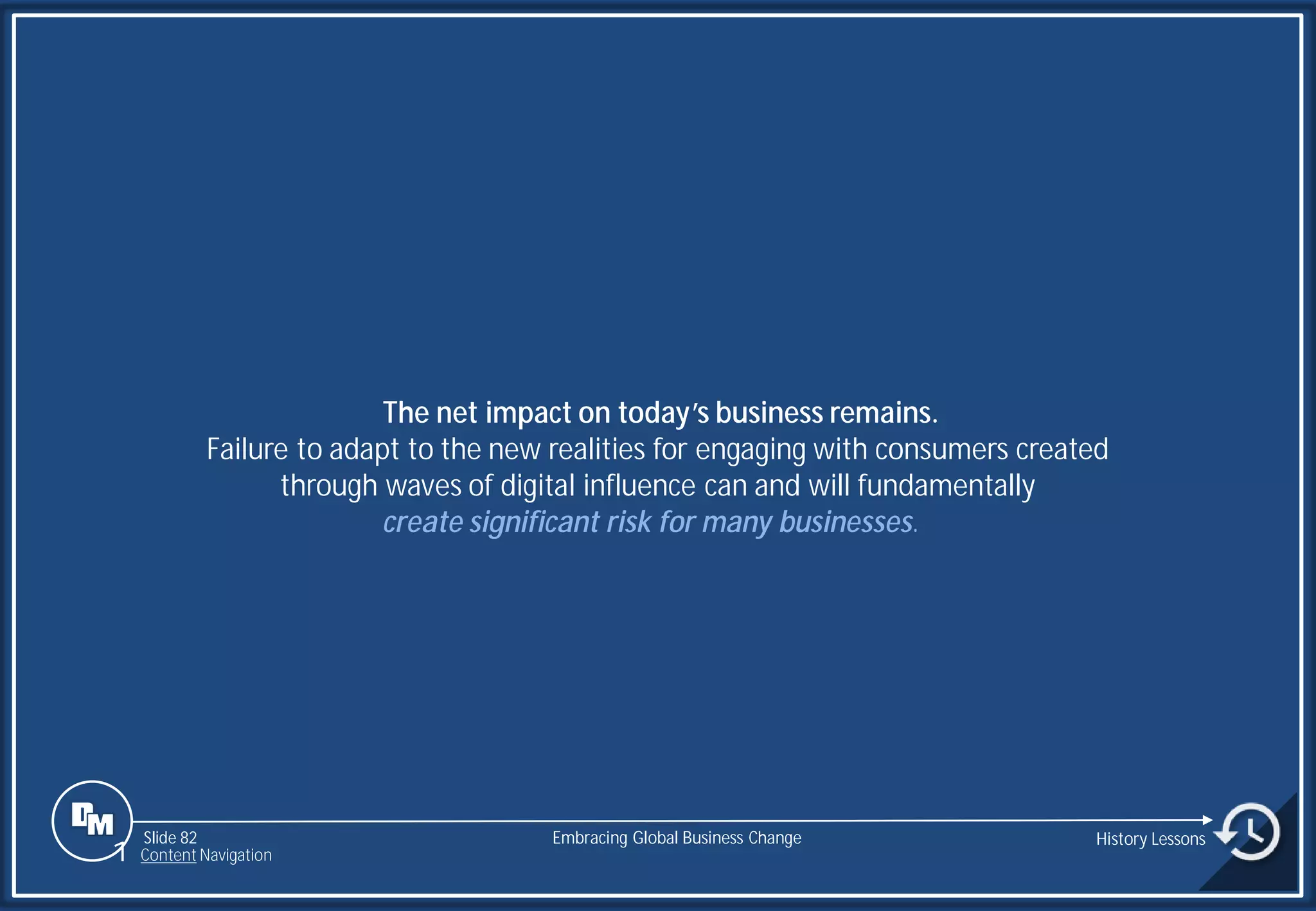 Slide 82
The net impact on today’s business remains.
Failure to adapt to the new realities for engaging with consumers created
through waves of digital influence can and will fundamentally
create significant risk for many businesses.
Embracing Global Business Change History Lessons
1 Content Navigation
 