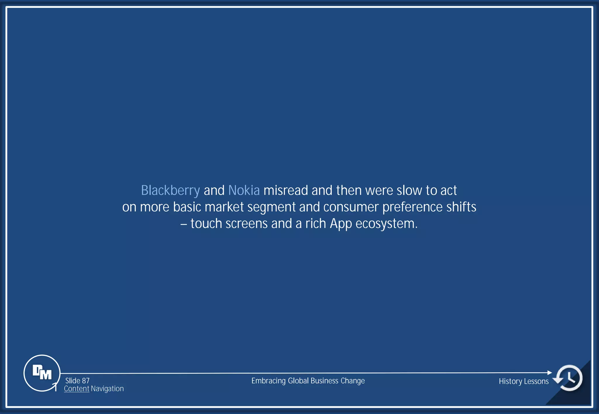 Slide 87
Blackberry and Nokia misread and then were slow to act
on more basic market segment and consumer preference shifts
– touch screens and a rich App ecosystem.
Embracing Global Business Change History Lessons
1 Content Navigation
 