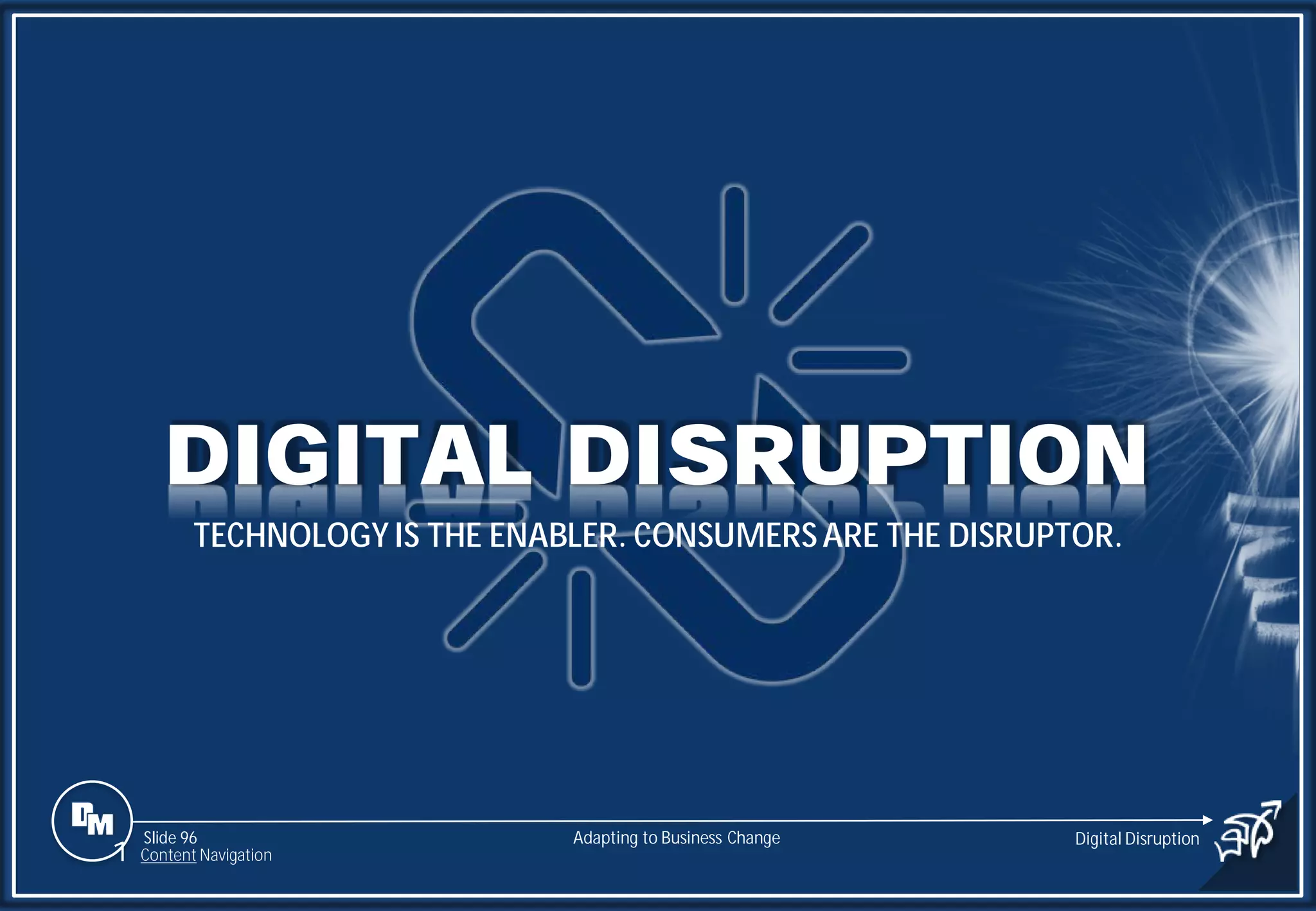 Slide 96
DIGITAL DISRUPTION
TECHNOLOGY IS THE ENABLER. CONSUMERS ARE THE DISRUPTOR.
Digital Disruption
Adapting to Business Change
1 Content Navigation
 