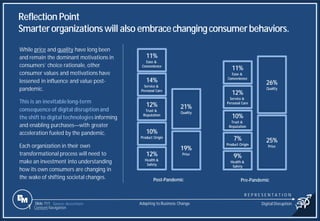 Slide 111
11%
Ease &
Convenience
14%
Service &
Personal Care
12%
Trust &
Reputation
10%
Product Origin
12%
Health &
Safety
11%
Ease &
Convenience
12%
Service &
Personal Care
10%
Trust &
Reputation
7%
Product Origin
9%
Health &
Safety
21%
Quality
19%
Price
26%
Quality
25%
Price
Post-Pandemic Pre-Pandemic
While price and quality have long been
and remain the dominant motivations in
consumers’ choice rationale, other
consumer values and motivations have
lessened in influence and value post-
pandemic.
This is an inevitablelong-term
consequence of digital disruption and
the shift to digital technologies informing
and enabling purchases—with greater
acceleration fueled by the pandemic.
Each organization in their own
transformational process will need to
make an investment into understanding
how its own consumers are changing in
the wake of shifting societal changes.
Source: Acccenture
Reflection Point
Smarterorganizations will also embracechanging consumerbehaviors.
Adapting to Business Change Digital Disruption
1 Content Navigation
R E P R E S E N T A T I O N
 