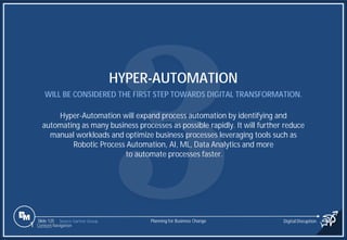 Slide 125
HYPER-AUTOMATION
WILL BE CONSIDERED THE FIRST STEP TOWARDS DIGITAL TRANSFORMATION.
Hyper-Automation will expand process automation by identifying and
automating as many business processes as possible rapidly. It will further reduce
manual workloads and optimize business processes leveraging tools such as
Robotic Process Automation, AI, ML, Data Analytics and more
to automate processes faster.
Source: Gartner Group Planning for Business Change Digital Disruption
1 Content Navigation
 