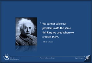 Slide 129
We cannot solve our
problems with the same
thinking we used when we
created them.
- Albert Einstein
“
Planning for Business Change Digital Disruption
1 Content Navigation
 