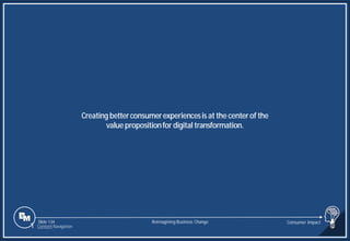 Slide 134
Creating betterconsumerexperiencesis at the centerof the
valuepropositionfor digital transformation.
Reimagining Business Change Consumer Impact
1 Content Navigation
 