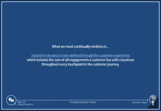 Slide 142
Whatwe must continuallyreinforceis…
a brand’srelevanceis nowdefinedthroughthe customerexperience
whichincludesthe sumof all engagementsa customerhaswith a business
throughouteverytouchpointin the customerjourney.
Reimagining Business Change Consumer Impact
1 Content Navigation
 