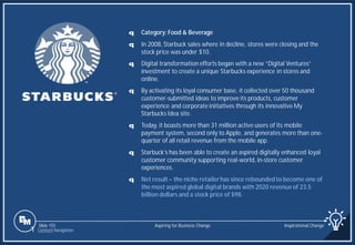 Slide 155
q Category: Food & Beverage
q In 2008, Starbuck sales where in decline, stores were closing and the
stock price was under $10.
q Digital transformation efforts began with a new “Digital Ventures”
investment to create a unique Starbucks experience in stores and
online.
q By activating its loyal consumer base, it collected over 50 thousand
customer-submitted ideas to improve its products, customer
experience and corporate initiatives through its innovative My
Starbucks Idea site.
q Today, it boasts more than 31 million active users of its mobile
payment system, second only to Apple, and generates more than one-
quarter of all retail revenue from the mobile app.
q Starbuck’s has been able to create an aspired digitally enhanced loyal
customer community supporting real-world, in-store customer
experiences.
q Net result – the niche retailerhas since rebounded to become one of
the most aspired global digital brands with 2020 revenue of 23.5
billion dollars and a stock price of $98.
Aspiring for Business Change Inspirational Change
1 Content Navigation
 