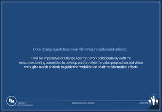 Slide 223
Oncechange agentshavebeenidentified,recruited andenlisted…
it will be imperativefor ChangeAgentsto workcollaborativelywith the
executivesteeringcommitteeto developand/or refine the value proposition and vision
througha needsanalysisto guidethe mobilizationof all transformativeefforts.
Leading Business Change Leadership
1 Content Navigation
 