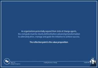 Slide 227
As organizationspotentiallyexpand their circle of changeagents,
the endgoalsmustbe clearlydefinedbeforeadvancingtransformation
to ultimatelydrive,manageandguidethe initiativeto achievesuccess.
Thereflectionpointis the valueproposition.
Leading Business Change Leadership
1 Content Navigation
 
