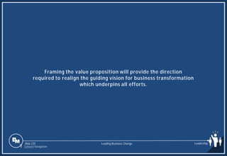 Slide 235
Framing the value proposition will provide the direction
required to realign the guiding vision for business transformation
which underpins all efforts.
Leading Business Change Leadership
1 Content Navigation
 