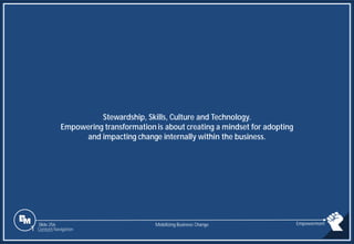 Slide 256
Stewardship, Skills, Culture and Technology.
Empowering transformation is about creating a mindset for adopting
and impacting change internally within the business.
Mobilizing Business Change Empowerment
1 Content Navigation
 
