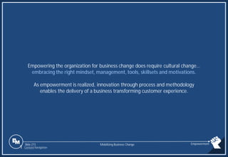 Slide 273
Empowering the organization for business change does require cultural change…
embracing the right mindset, management, tools, skillsets and motivations.
As empowerment is realized, innovation through process and methodology
enables the delivery of a business transforming customer experience.
Mobilizing Business Change Empowerment
1 Content Navigation
 