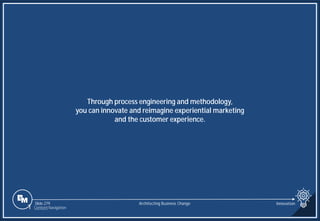 Slide 279
Through process engineering and methodology,
you can innovate and reimagine experiential marketing
and the customer experience.
Architecting Business Change Innovation
1 Content Navigation
 