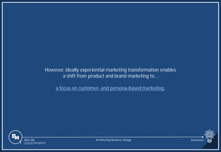 Slide 286
However, ideally experiential marketing transformation enables
a shift from product and brand marketing to…
a focus on customer- and persona-based marketing.
Architecting Business Change Innovation
1 Content Navigation
 