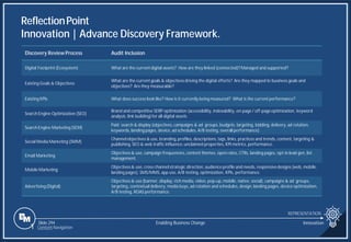 Slide 294
ReflectionPoint
Innovation | Advance Discovery Framework.
REPRESENTATION
Enabling Business Change Innovation
Discovery Review Process Audit Inclusion
Digital Footprint (Ecosystem) What are the current digital assets? How are they linked (connected)?Managed and supported?
Existing Goals & Objectives
What are the current goals & objectivesdriving the digital efforts? Are they mapped to business goals and
objectives? Are they measurable?
Existing KPIs What does success look like? How is it currently being measured? What is the current performance?
Search Engine Optimization (SEO)
Brand and competitive SERP optimization (accessibility, indexability, on-page/ off-pageoptimization, keyword
analysis, link building) for all digital assets
Search Engine Marketing (SEM)
Paid search & display (objectives,campaigns & ad groups, budgets, targeting, bidding, delivery, ad rotation,
keywords,landing pages, device, ad schedules, A/B testing, overall performance).
Social Media Marketing (SMM)
Channel objectives & use, branding,profiles, descriptions,tags, links, practices and trends, content, targeting &
publishing, SEO & web traffic influence,unclaimed properties, KPI metrics, performance.
Email Marketing
Objectives& use, campaign frequencies,content themes, open rates, CTRs, landing pages, opt-in lead gen, list
management.
Mobile Marketing
Objectives& use, cross channel strategic direction, audience profile and needs, responsivedesigns (web, mobile,
landing pages), SMS/MMS,app use, A/B testing, optimization, KPIs, performance.
Advertising (Digital)
Objectives& use (banner, display, rich media, video, pop-up,mobile, native, social), campaigns & ad groups,
targeting, contextual delivery, media buys, ad rotation and schedules, design, landing pages, device optimization,
A/B testing, ROAS performance.
1 Content Navigation
 