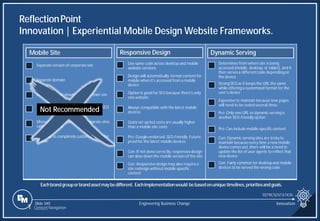 Slide 340
Mobile Site
Separate version of corporate site
Separate domain
Usually a scaled-down version of main site
Customize format for mobile, but poor SEO
due to separate domain
More difficult to manage two separate sites
rather than one
Pro: Able to completely custom content for
mobile
Responsive Design
Use same code across desktop and mobile
website versions
Design will automatically format content for
mobile when it’s accessed from a mobile
device
Option is good for SEO because there’s only
one website
Always compatible with the latest mobile
devices
Quick set up but costs are usually higher
than a mobile site costs
Pro: Google-endorsed.SEO-friendly.Future-
proof for the latest mobile devices
Con: If not done correctly, responsivedesign
can slow down the mobile version of the site
Con: Responsivedesign may also require a
site redesign without mobile-specific
content
Dynamic Serving
Determines from where site is being
accessed (mobile, desktop,or tablet), and it
then servesa differentcode dependingon
the device
Strong SEO as it keeps the URL the same
while offering a customized format for the
user’s device
Expensiveto maintain because new pages
will need to be coded several times
Pro: Only one URL so dynamic serving is
another SEO-friendly option
Pro: Can include mobile-specific content
Con: Dynamic serving sites are tricky to
maintain because every time a new mobile
device comes out, there will be a need to
update the list of user agents to reflect that
new device
Con: Fairly common for desktop and mobile
devices to be served the wrong code
Eachbrandgrouporbrandassetmaybedifferent. Eachimplementationwould bebasedonuniquetimelines,prioritiesandgoals.
ReflectionPoint
Innovation | Experiential Mobile Design Website Frameworks.
Not Recommended
REPRESENTATION
Engineering Business Change Innovation
1 Content Navigation
 
