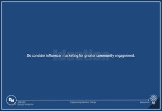 Slide 389
Do consider influencer marketing for greater community engagement.
Engineering Business Change Innovation
1 Content Navigation
 