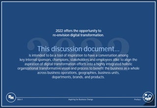 Slide 4
This discussion document…
is intended to be a tool of inspiration to have a conversation among
key internal sponsors, champions, stakeholders and employees alike to align the
aspiration of digital transformation efforts into a highly integrated holistic
organizational transformative vision and process to benefit the business as a whole
across business operations, geographies, business units,
departments, brands, and products.
2022 offers the opportunity to
re-envision digital transformation.
Preface
Aspiring for Business Change
 