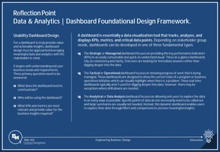 Slide 404
ReflectionPoint
Data & Analytics | Dashboard Foundational Design Framework.
Engineering Business Change
A dashboard is essentiallya data visualization tool that tracks, analyzes, and
displays KPIs, metrics, and critical data points. Depending on stakeholder group
needs, dashboards can be developed in one of three fundamental types.
q The Strategic or Managerial dashboard focuseson providing the key performanceindicators
(KPIs) in an easily consumableand quick-to-understandvisual. These at-a-glance dashboards
rely on consistencyand clarity. End users are looking for immediate answers rather than
digging deeper into the data.
q The Tactical or Operational dashboard focuseson showing progress of work that is being
managed. These dashboards are designed to show the current state of a program or business
operations initiative which can visually highlight when there is a problem. These real-time
dashboards typically aren’t used for digging deeper into data, however, there may be
exceptionswhere drill-downs are needed.
q The Analytical or Data Analysis dashboard focuseson allowing end users to explore the data
in as many ways as possible. Specificpoints of data do not necessarily need to be called out
and large summaries are usually not needed. Instead, this dynamic dashboard enables users
to explore their data through filters and comparisonsto uncover meaningful insights.
Usability Dashboard Design.
For a dashboard to truly provide value
and actionable insights, dashboard
design must be approached leveraging
meaningful data and analytics with the
stakeholderin mind.
It begins with understandingend user
business needs and requirements.
Three primary questionsneed to be
answered:
ü What does the dashboard need to
communicate?
ü Who will be using the dashboard?
ü What KPIs and metrics are most
relevant and provide value for the
business insights required?
1 Content Navigation
Innovation
 