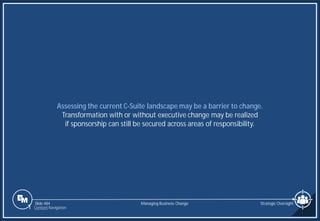 Slide 484
Assessing the current C-Suite landscape may be a barrier to change.
Transformation with or without executive change may be realized
if sponsorship can still be secured across areas of responsibility.
Managing Business Change Strategic Oversight
1 Content Navigation
 