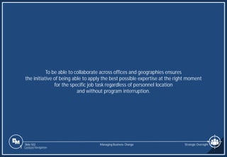 Slide 502
To be able to collaborate across offices and geographies ensures
the initiative of being able to apply the best possible expertise at the right moment
for the specific job task regardless of personnel location
and without program interruption.
Managing Business Change Strategic Oversight
1 Content Navigation
 