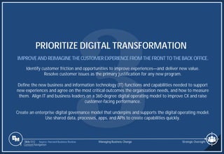 Slide 512
PRIORITIZE DIGITAL TRANSFORMATION
IMPROVEAND REIMAGINE THECUSTOMEREXPERIENCE FROMTHE FRONTTOTHEBACK OFFICE.
Identify customer friction and opportunities to improve experiences—and deliver new value.
Resolve customer issues as the primary justification for any new program.
Define the new business and information technology (IT) functions and capabilities needed to support
new experiences and agree on the most critical outcomes the organization needs, and how to measure
them. Align IT and business leaders on a 360-degree digital operating model to improve CX and raise
customer-facing performance.
Create an enterprise digital governance model that underpins and supports the digital operating model.
Use shared data, processes, apps, and APIs to create capabilities quickly.
Managing Business Change
1 Content Navigation
Strategic Oversight
Source: Harvard Business Review
 