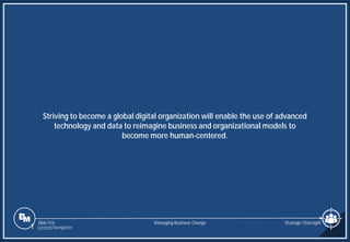 Slide 516
Striving to become a global digital organization will enable the use of advanced
technology and data to reimagine business and organizational models to
become more human-centered.
Managing Business Change Strategic Oversight
1 Content Navigation
 