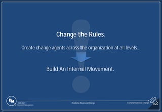 Slide 527
1 Content Navigation
Change the Rules.
Create change agents across the organization at all levels…
Build An Internal Movement.
Transformational Change
Realizing Business Change
 