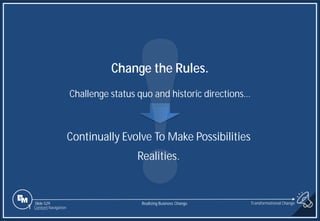 Slide 529
1 Content Navigation
Change the Rules.
Challenge status quo and historic directions…
Continually Evolve To Make Possibilities
Realities.
Transformational Change
Realizing Business Change
 