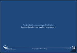 Slide 57
The distribution economy used technology
to connect markets and suppliers to consumers.
Recognizing Global Business Change Business Shifts
1 Content Navigation
 