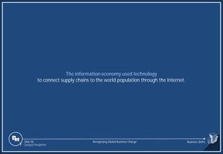 Slide 58
The information economy used technology
to connect supply chains to the world population through the Internet.
Recognizing Global Business Change Business Shifts
1 Content Navigation
 