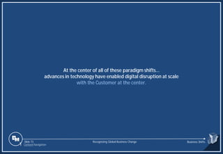 Slide 73
At the center of all of these paradigm shifts…
advances in technology have enabled digital disruption at scale
with the Customer at the center.
Recognizing Global Business Change Business Shifts
1 Content Navigation
 
