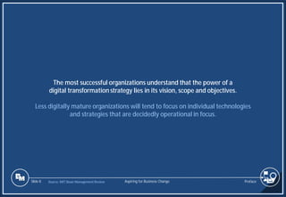 Slide 8
The most successful organizations understand that the power of a
digital transformation strategy lies in its vision, scope and objectives.
Less digitally mature organizations will tend to focus on individual technologies
and strategies that are decidedly operational in focus.
Source: MIT Sloan Management Review Preface
Aspiring for Business Change
 