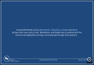 Slide 86
Household Brands such as Blockbuster, Blackberry, Kodak and Nokia
all have their own story to tell. Blockbuster and Kodak had to contend with the
internet and digitization driving a wrecking ball through their business.
Embracing Global Business Change History Lessons
1 Content Navigation
 