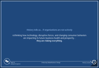 Slide 93
History tells us… if organizations are not actively
rethinking how technology, disruptive forces, and changing consumer behaviors
are impacting its future business health and prosperity…
they are risking everything.
Embracing Global Business Change History Lessons
1 Content Navigation
 