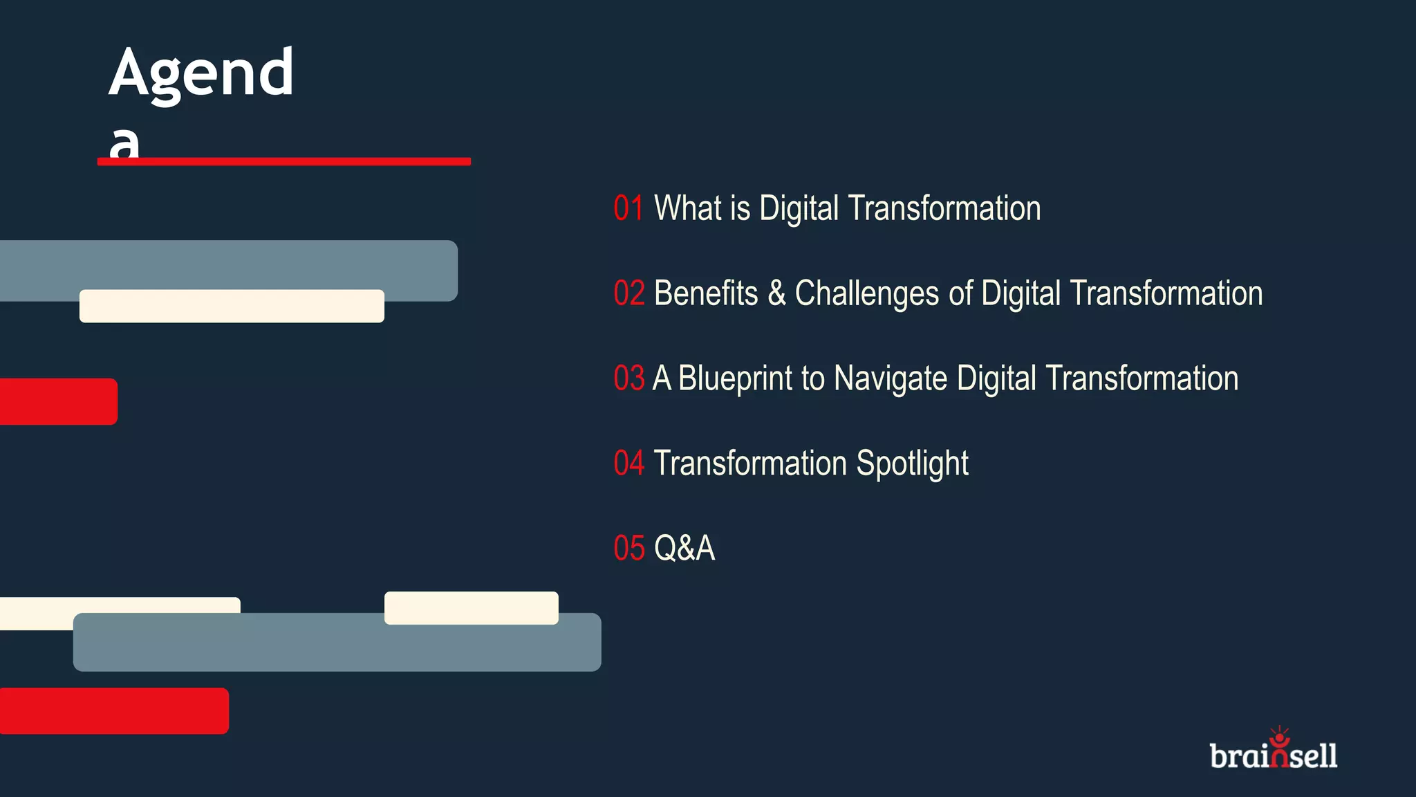 Agend
a
01 What is Digital Transformation
02 Benefits & Challenges of Digital Transformation
03 A Blueprint to Navigate Digital Transformation
04 Transformation Spotlight
05 Q&A
 