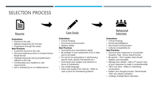 SELECTION PROCESS
Resume Case Study
Behavioral
Interview
Evaluations:
• Fitment to the role
• Relevant experience for function
• Progression through the career
Best Practices:
• Customize resume to the role
• Structure experience items in Context-Action-
Result format
• Highlight keywords and accomplishments
relevant to the role
• Contextualize your headline to role
requirements
• Get it reviewed by an un-related person
Evaluations:
• Critical Thinking
• Structured Communication
• Ideation ability
Best Practices:
• Summarize your assumptions clearly
• Be strategic in your assessment of as-is state
and to-be states
• Do not be too prescriptive in solutions(e.g.
specific tools, specific frameworks etc.)
• Summarize your analysis and solutions in
terms of frameworks
• Use simple language
• Solve case studies from internet – Refer to
case in point for framework guidance
Evaluations:
• Critical Thinking
• Emotional Intelligence
• Structured Communication
• Cultural compatibility etc.
Best Practices:
• Structure your responses to incorporate
Situation, Task , Action, Result format
• Be specific – Don’t explain what should
happen, give examples
• Manage your details – take a 3rd person view
of your responses to make it comprehensible
• Tell a nice story – Make an interesting
conversation
• Explain your thought process- Demonstrate
‘how’ you solved a situation
• Undergo multiple Mock interviews
 