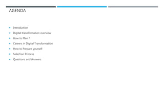 AGENDA
 Introduction
 Digital transformation overview
 How to Plan ?
 Careers in Digital Transformation
 How to Prepare yourself
 Selection Process
 Questions and Answers
 